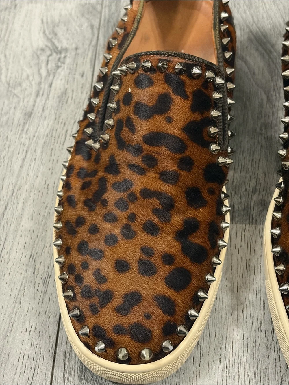 Christian Louboutin Pik Boat Brown Leopard Slip-On Studded Loafers Calf Hair